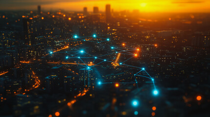 Obraz premium Smart digital city with connection Innovation network reciprocity over the sunset cityscape Concept of future wireless digital city and social media networking systems that connects business people