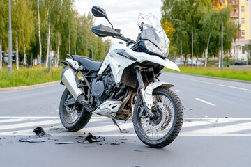 Fototapeta premium A motorcycle and car collision at an intersection, with both vehicles visibly damaged