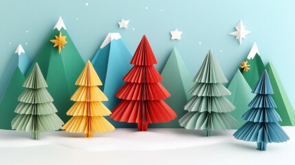 Festive Paper Trees and Mountain Landscape for Holiday Season, Creative Decoration with Colorful Christmas Trees and Snowy Background Elements