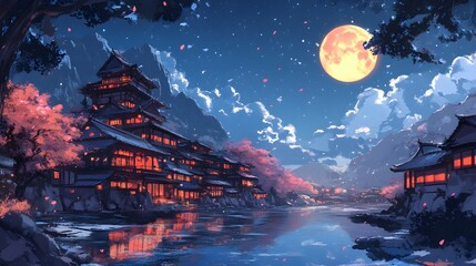 Obraz premium Enchanting night scene of a tranquil Japanese town under a full moon.