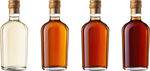 Four Glass Bottles of Liquid Drinks Alcohol Beverage Clear Amber Brown Dark