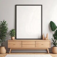 Blank Poster Frame in Living Room with Wooden Sideboard