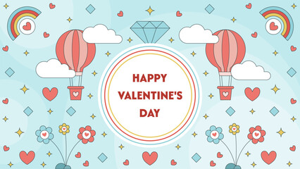 Valentine's Day background design with hearts, balloons, flowers, diamonds, and clouds. Vector Illustration.