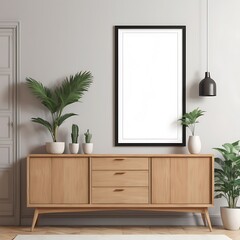 Blank Poster Frame in Living Room with Wooden Sideboard