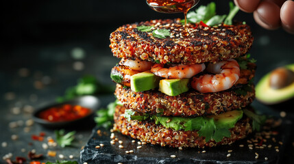 Stacked quinoa patties burger, veggie burger with grilled shrimps and avocado slices, hot chili oil sauce, chili flakes and cirantro topping. vegetarian quinoa burger bun for healthy fastfood concept