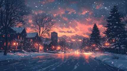 Fototapeta premium A serene winter evening scene with snowfall and glowing street lamps.