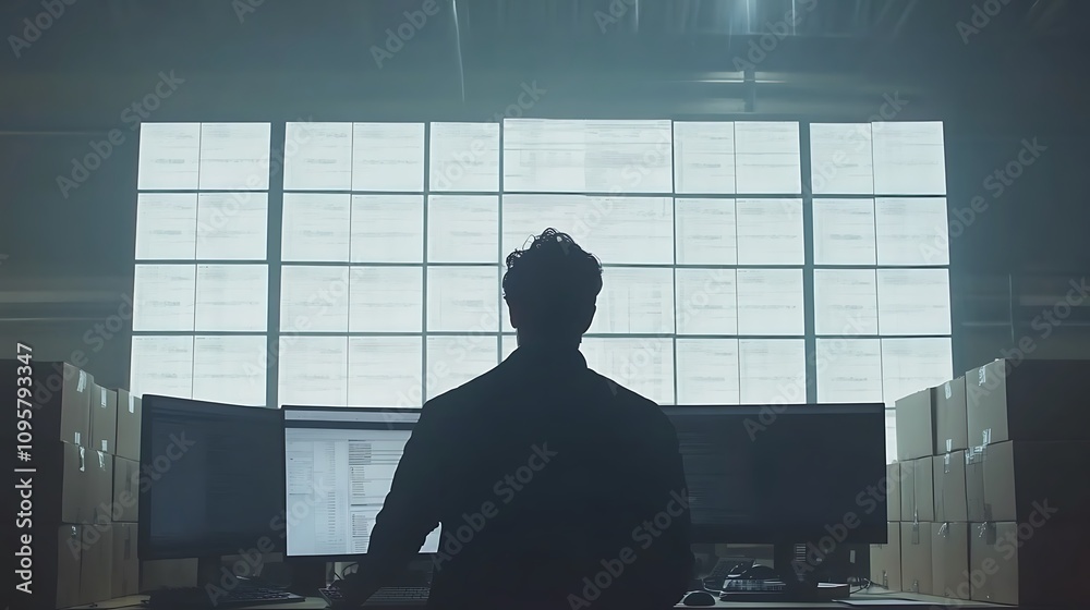 Poster a silhouette of a person at a computer, surrounded by boxes and large screens displaying data.