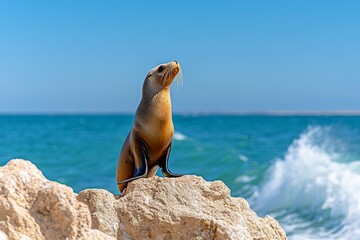 Fototapeta premium A sea lion basking on a rocky shore, with waves crashing dramatically in the background