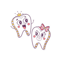 Adorable cartoon tooth characters with crown and bow, perfect for dental care designs