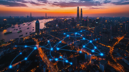 Obraz premium Smart digital city with connection Innovation network reciprocity over the sunset cityscape Concept of future wireless digital city and social media networking systems that connects business people
