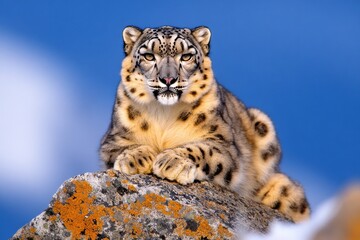 Obraz premium A snow leopard perched on a rocky outcrop, its spotted coat blending seamlessly with the icy surroundings