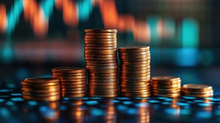 A close-up view of stacked coins against a colorful financial graph background, symbolizing wealth and investment growth.