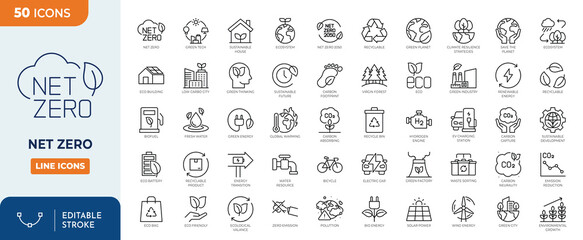 Net Zero icon set. Outline Icon Collection. Vector illustration. Editable stroke	