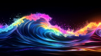 dynamic motion and expressive brushwork capturing the essence of creativity, The sun is seen setting over the ocean waves, casting a warm golden glow on the water