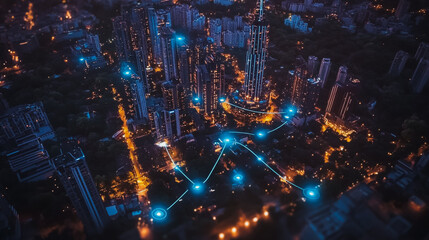 Obraz premium Smart digital city with connection Innovation network reciprocity over the sunset cityscape Concept of future wireless digital city and social media networking systems that connects business people