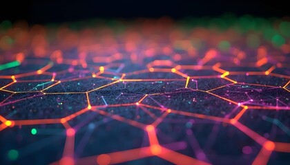 Hexagons and triangles connected by neon green and purple colors. Luminous geometric shape.