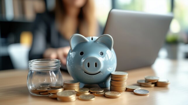 A blue piggy bank sits among coins on a table, with a laptop in the background, symbolizing savings and financial planning.
