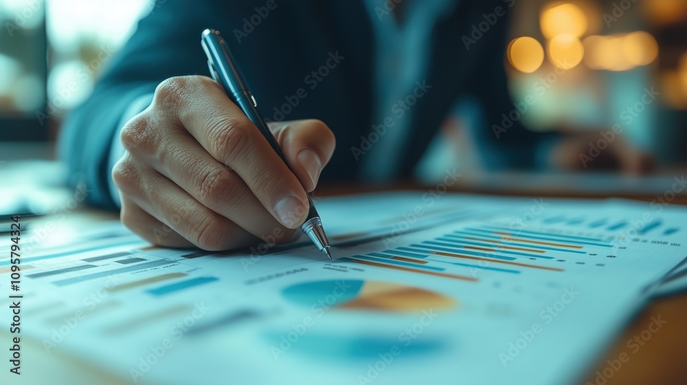 Poster a person analyzing data charts and graphs on paper while writing with a pen in a professional settin