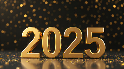 Happy New Year golden 3D numerals 2025 on Sparkles Lights Effect Background