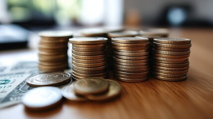 A close-up view of stacked coins and a banknote on a wooden surface, representing currency and financial themes.