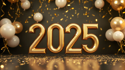 Happy New Year golden 3D numerals 2025 on Sparkles Lights Effect Background
