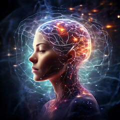 a human head floating
in space with the brain visible
and depicted as a glowing intricate network