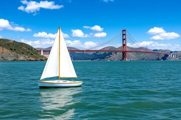 Fototapeta premium Americaâ€™s Golden Gate Bridge surrounded by morning mist, with its orange towers standing out vividly