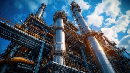 A modern industrial facility featuring towering smokestacks and intricate piping under a bright blue sky.