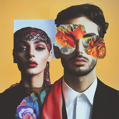 Double Portrait with Floral Eye Motifs and Elegant Color Contrast