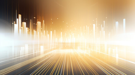 Smart golden city concept with abstract digital line waves cover river on megapolis city 