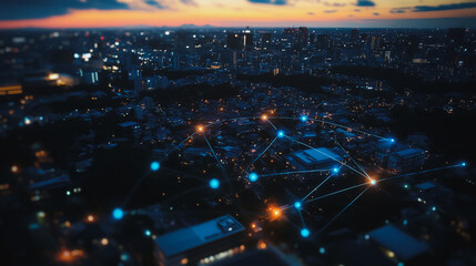 Obraz premium Smart digital city with connection Innovation network reciprocity over the sunset cityscape Concept of future wireless digital city and social media networking systems that connects business people