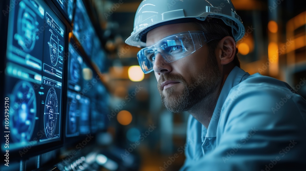 Poster a focused engineer in a hard hat and glasses monitors multiple high-tech screens displaying data and
