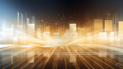 silhouette of modern city skyline at sunset with golden hour light and blurred foreground, A blurry background of warm, golden lights