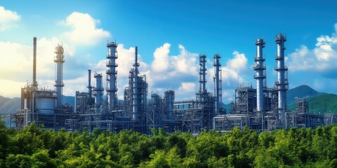 Obraz premium A sprawling industrial complex surrounded by lush greenery under a bright blue sky.