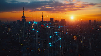 Naklejka premium Smart digital city with connection Innovation network reciprocity over the sunset cityscape Concept of future wireless digital city and social media networking systems that connects business people