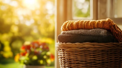 Obraz premium A cozy basket filled with neatly stacked blankets, resting by a sunlit window overlooking a vibrant garden.