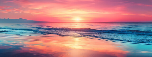 Fototapeta premium A stunning sunset over a tranquil sea, with vibrant pink and orange hues reflecting on the water's surface.