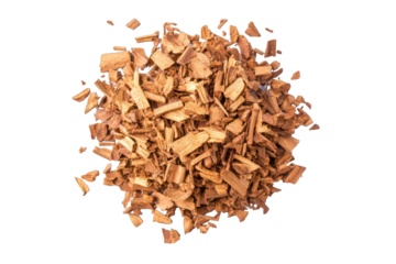 Neat pile of planed cinnamon shavings in a top view on a white background.