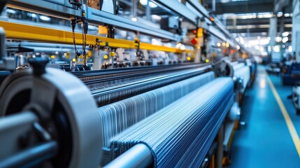 A modern textile manufacturing facility featuring advanced machinery for weaving fabric with intricate details and precision.