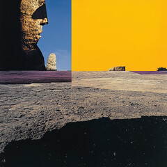 Desert Landscape with Sculptural Forms Against a Bold Yellow Sky