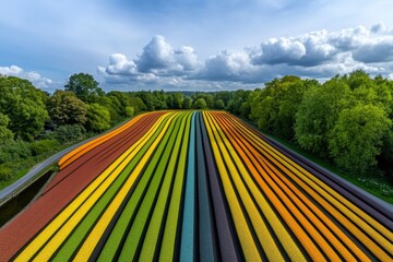 Amsterdamâ€™s tulip fields represented with simple, repetitive shapes in vibrant primary colors