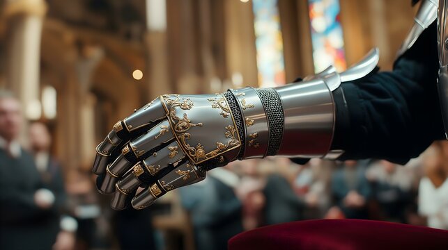 A detailed view of an ornate knight's gauntlet during a ceremonial event, highlighting craftsmanship and historical significance.