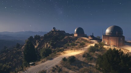 Nighttime Landscape of Mountain Observatories under Starry Sky with Twinkling Stars and Rolling Hills in the Background