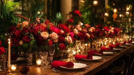Elegant table setting with red and pink flowers for a festive dinner.