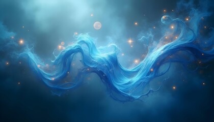 Bright blue and cyan energy tendrils intertwine, pulsate and glow on a dark background