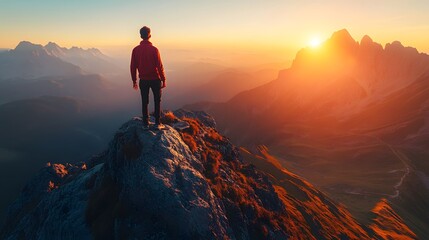 Fototapeta premium Silhouette of a man enjoying a breathtaking mountain sunset.