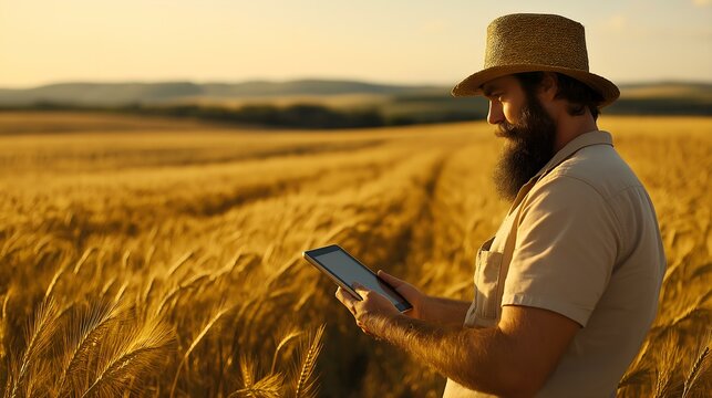 A farmer using a tablet in golden wheat fields during sunset, blending technology with nature.