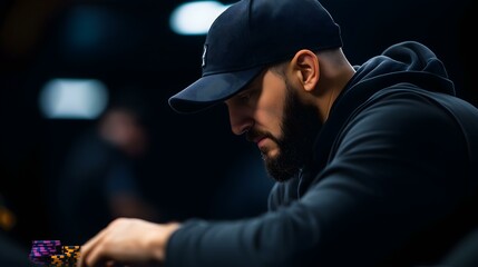 A focused individual playing poker at a table, showcasing strategy and concentration in a dynamic gaming environment.