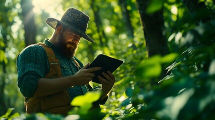 A focused man in a hat examines data on a tablet, surrounded by lush greenery, showcasing the intersection of technology and nature.