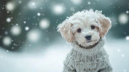 Adorable puppy wearing a cozy knitted sweater sitting in a snowy winter scene with soft ethereal snowflakes gently falling all around creating a peaceful and magical atmosphere